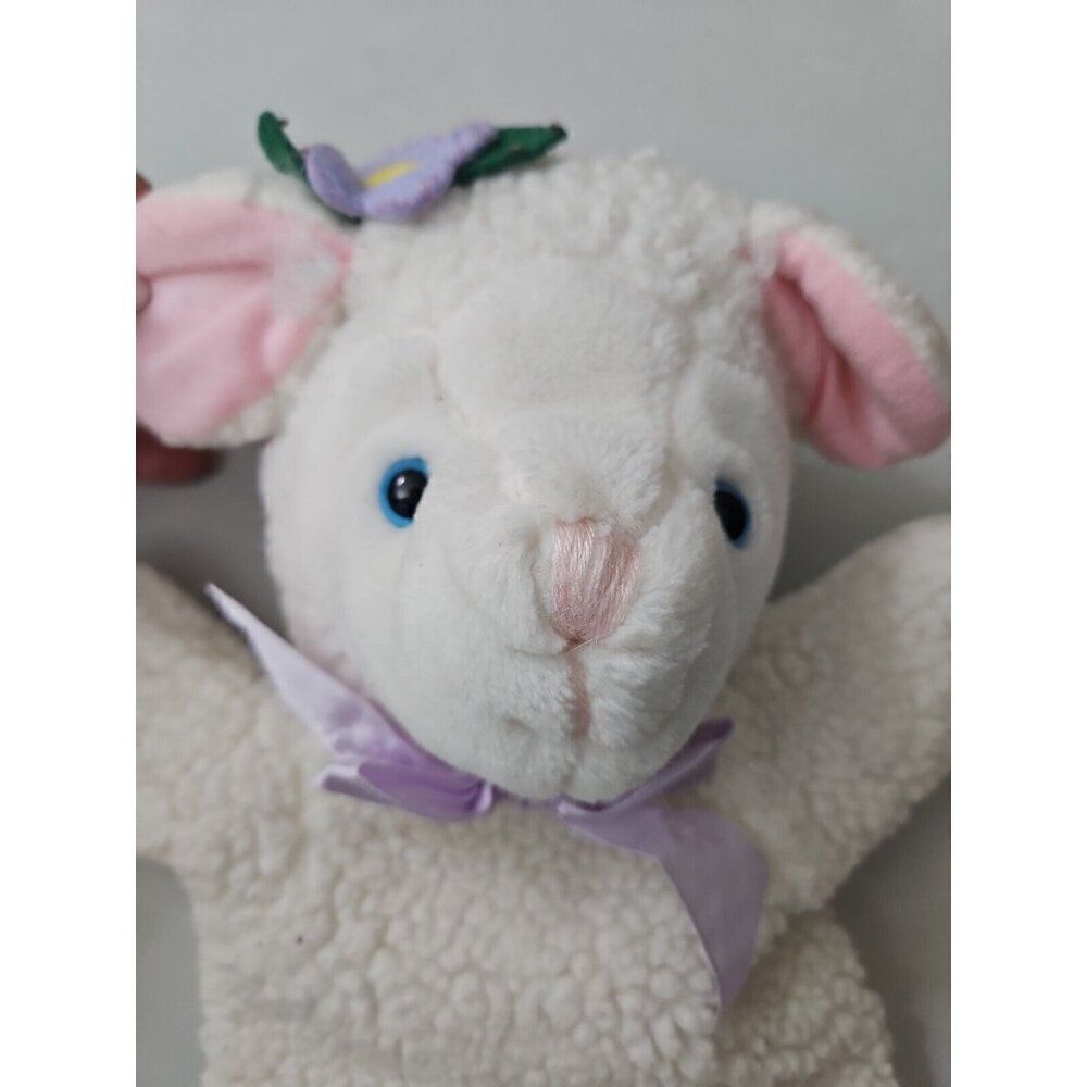 Vintage 1996 KIDS II Lamb Hand Puppet White Sherpa Sheep Lamb Purple Bow